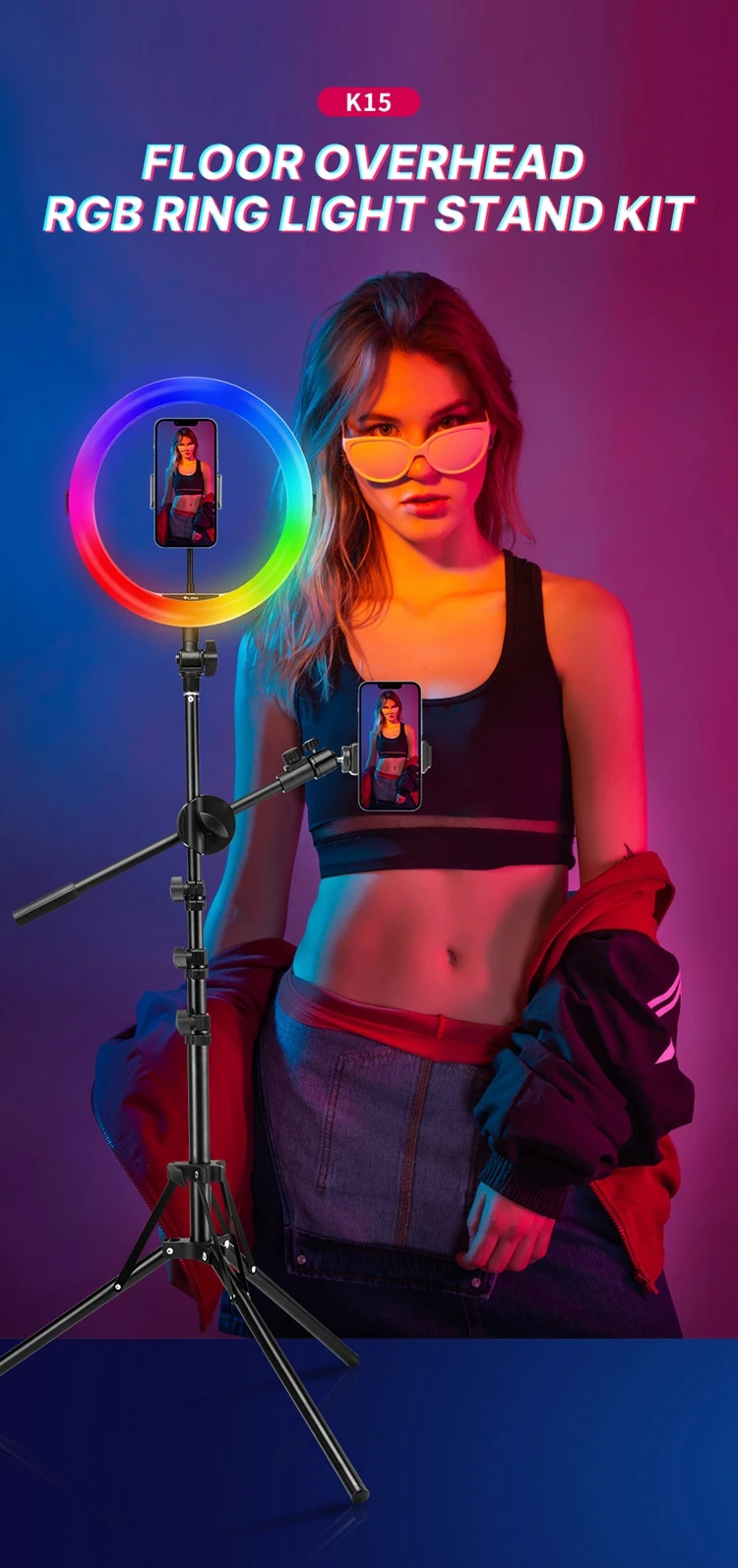 VIJIM K15 RGB Selfie Ring Light 11"1.73m Photography Video Light Tripod RingLight Phone Stand Fill Light Dimmable Lamp Vlog Kit