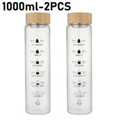 Borosilicate Glass Water Bottle with Bamboo Lid and Time Marker - Includes Tea and Fruit Infuser and Stainless Steel Filter - <0.25L (1000ml 2PCS)