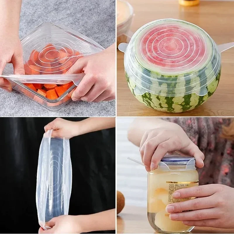 12/6pcs For Kitchen Utensils Food Cover Household Adjustable Elastic Silicone Caps Items Organize Jar Lids Universal Bowl Home