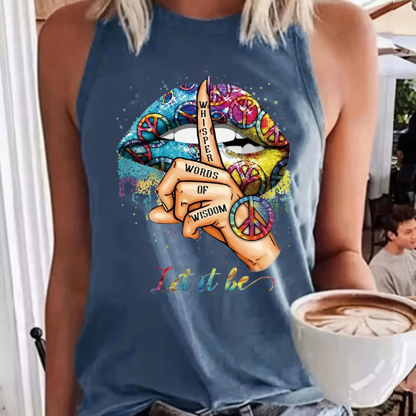 Summer Women's Colorful Lipprint Fingerprint Loose Size Round Neck Sleeveless Tank Top T-shirt