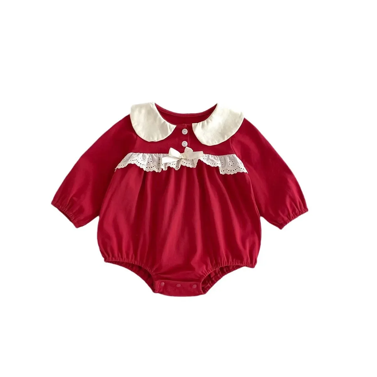 Red Doll Collar Long Sleeve Baby Romper for Spring Autumn Newborn 100 Days Old Girls Clothes Cotton Onesie Baby Outfit
