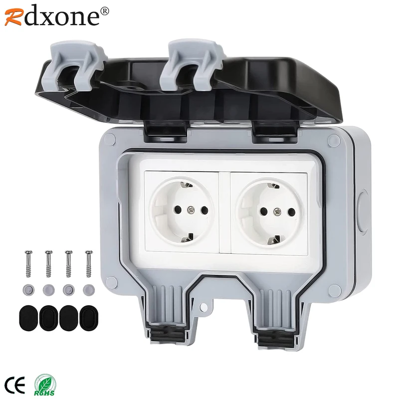 Power Socket IP66 Weatherproof Waterproof Outdoor Wall 16A Double EU Standard Electrical Outlet Grounded AC 110~250V