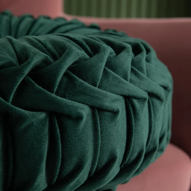 Velvet Pleated Round Throw Pillow - Boho Green Pumpkin Accent Cushion