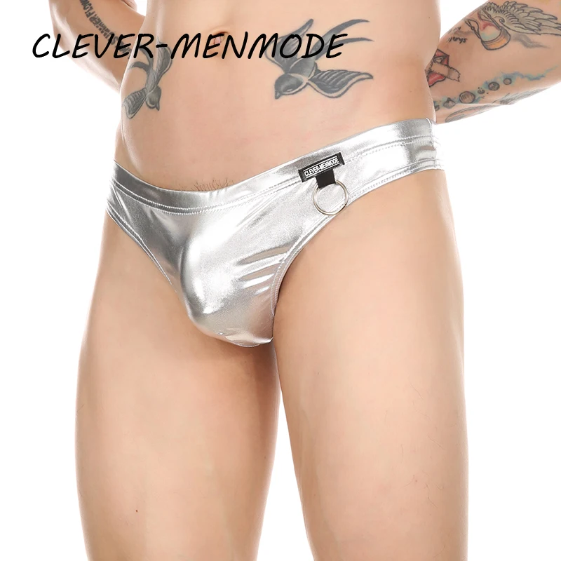 Mens Sexy PU Elastic Thong Penis Bag Panties Metal Ring Decor Underwear Men G-String Sissy Bikini male underwear