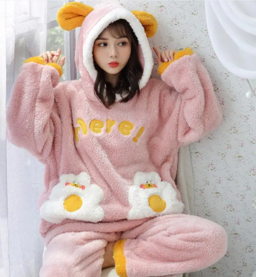 thumbnail image 1 of Conjunto de pijama de franela para mujer, ropa de dormir cálida y suave, pantalones sueltos con capucha, ropa de casa de invierno, 1 of 5