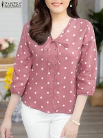 ZANZEA 2025 Summer Polka Dot Bohemian Blouse Fashion 3/4 Puff Sleeve Shirts Casual Loose Lace Up Tops Tunics Blusas Femininas - Image 2