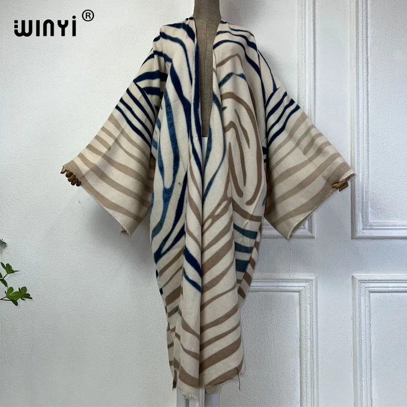 WINYI 2024 겨울 카디건 아프리카 여성, 기하학적 라인 프린트 맥시 재킷, 따뜻한 기모노 롱 다운 코트, 중동 패션 아바야