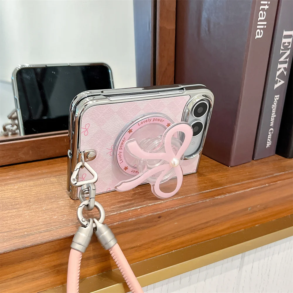 Kawaii Crystal Beaded Chain Phone Case - Magnetic Fold Cover & Anti-Drop Protection
