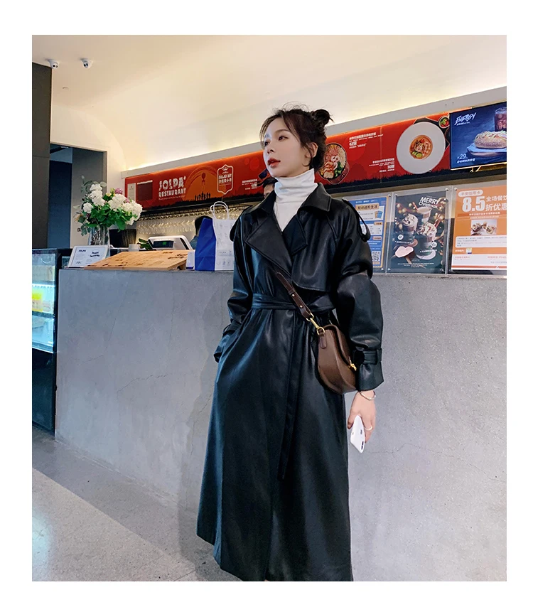 Fashion Brand New Women's Long PU Leather Trench Coat With Belt Lady Windbreaker Waterpoof Female Outerwear Spring Autumn Black puffy coats