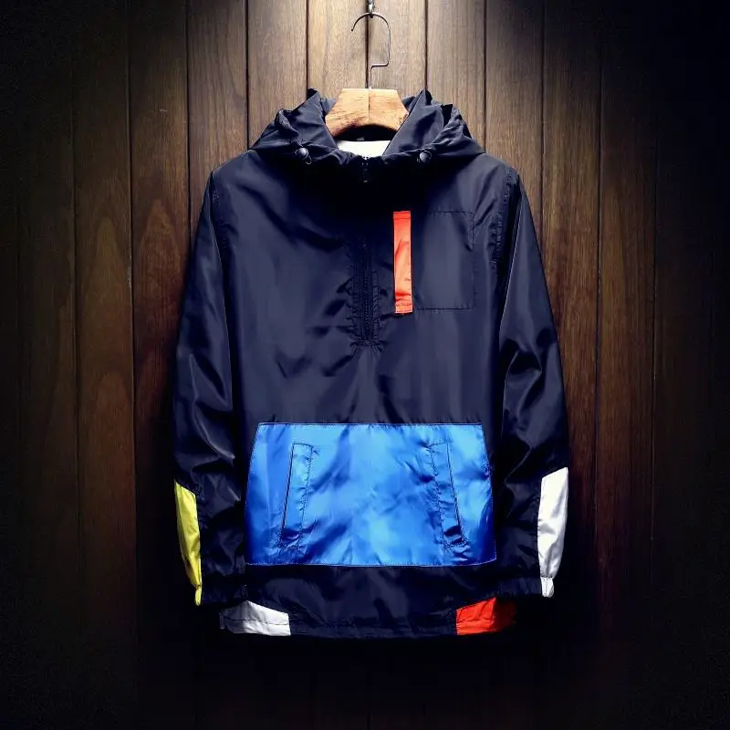 2023 Men Half Zipper Jacket Spring Trendy Thin Pullover Hooded Jackets Male Hip Hop Streetwear Casual Coat Outerwear Windbreaker