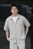 Miyake Pleated Short Sleeve Shirt Casual Solid Color Shirts Summer Button Lapel Top Men 1