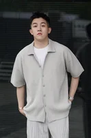 Miyake Pleated Short Sleeve Shirt Casual Solid Color Shirts Summer Button Lapel Top Men 1
