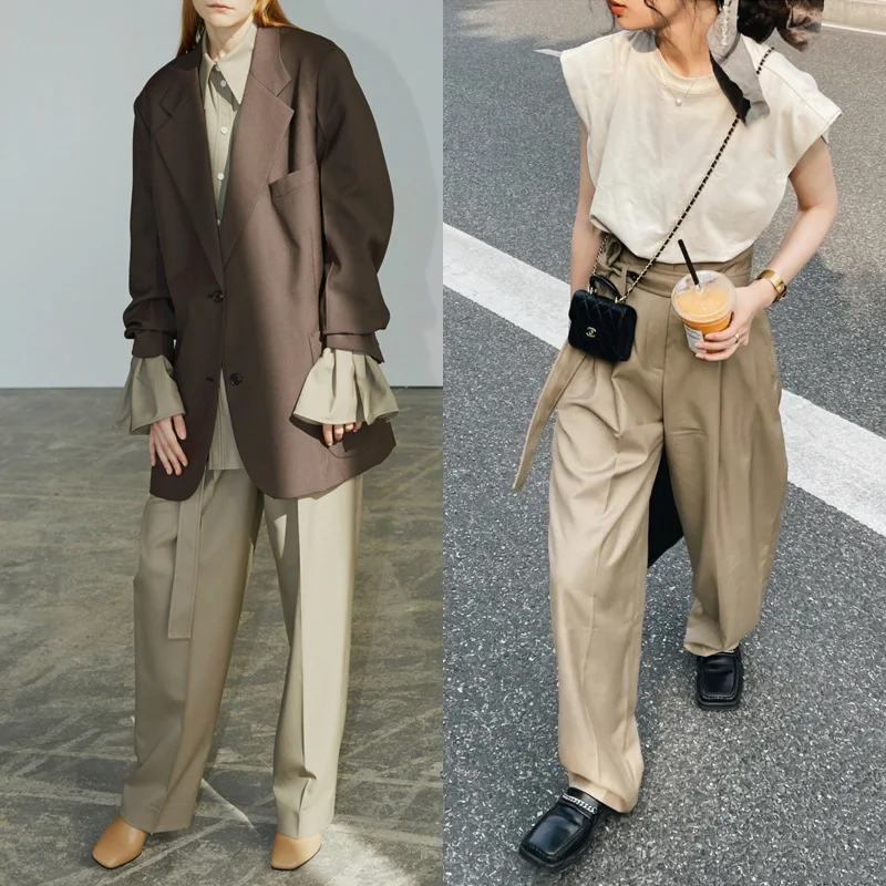 

Women's Wool Belted High-Waist Khaki Wide-Leg Pants Korean Style Loose Slimming Casual Trousers 2023 New Arrivals