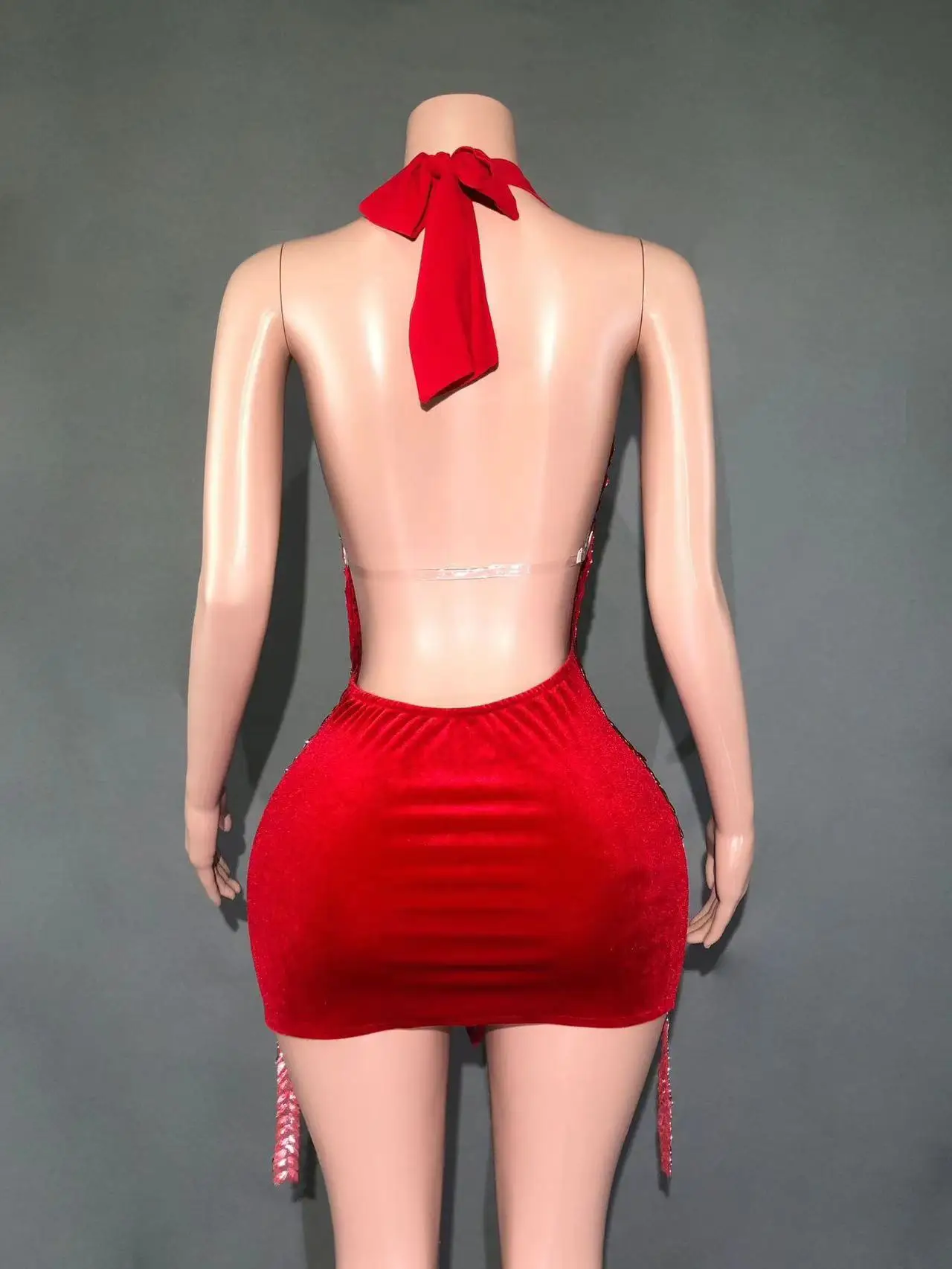 Sparkly Rhinestones Evening Prom Celebrate Birthday Dress Sexy Halter Backless Mesh Velvet Short Dress Performance Stage Wear 4