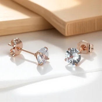 6mm Round Stone White Zircon Small Stud Earrings For Women Luxury Crystal Rose Gold Color Wedding Earring Versatile Jewelry Gift