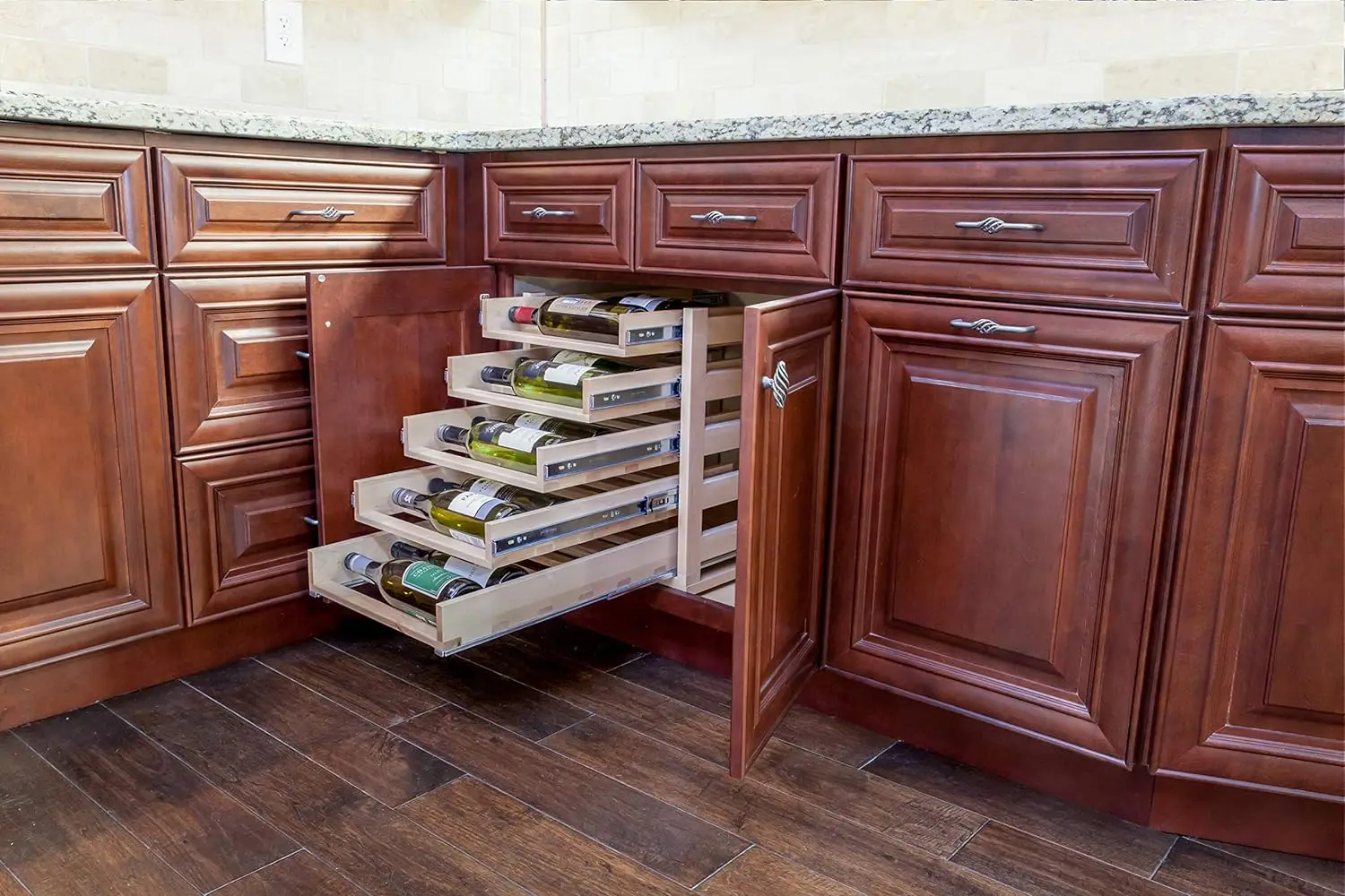 In-Cabinet Sliding Tray Wine Rack 30-Bottle, Solid Maple Wood Unstained with Clear Satin Lacquer Finish Large storage space