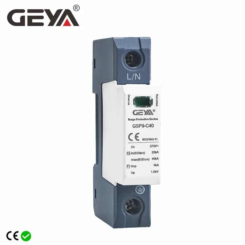 Geya Gsp9 1Pole Surge Protector 20Ka-40Ka Spd Ac275V Ac385V 400V 440V Spd House Surge Protector 1P + N Guida Din