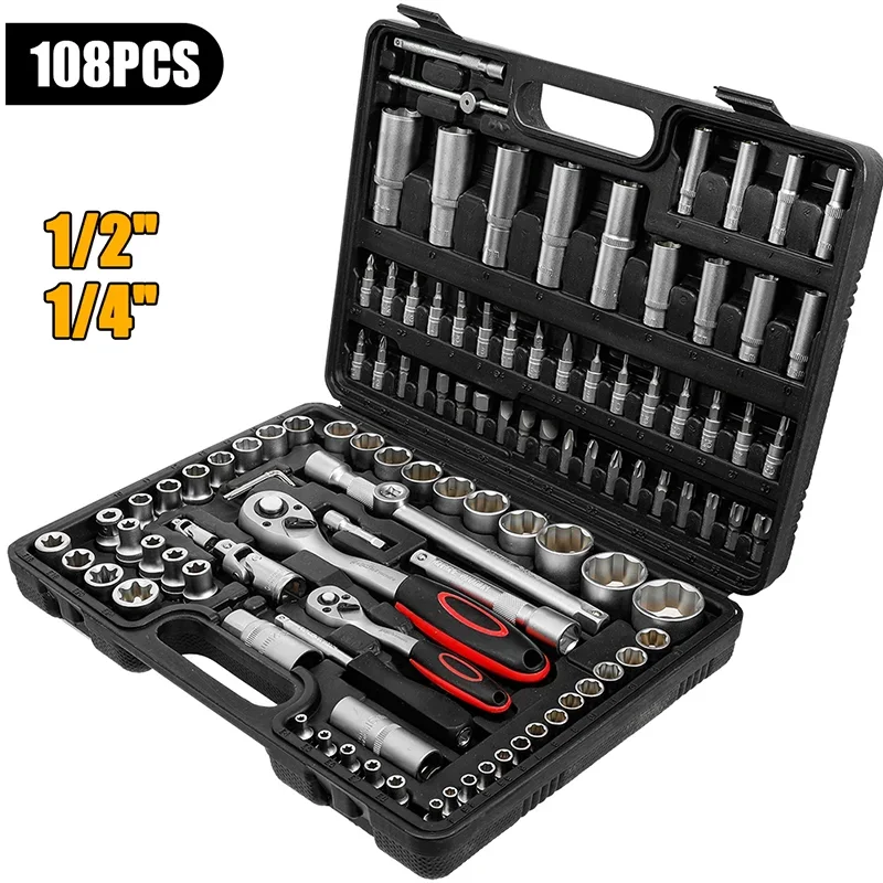 Juego de llaves de tubo de trinquete, herramienta de reparación de automóviles, Kit combinado de llave dinamométrica de trinquete 1/4 3/8 1/2, llave de trinquete, puntas de destornillador, herramienta de mano