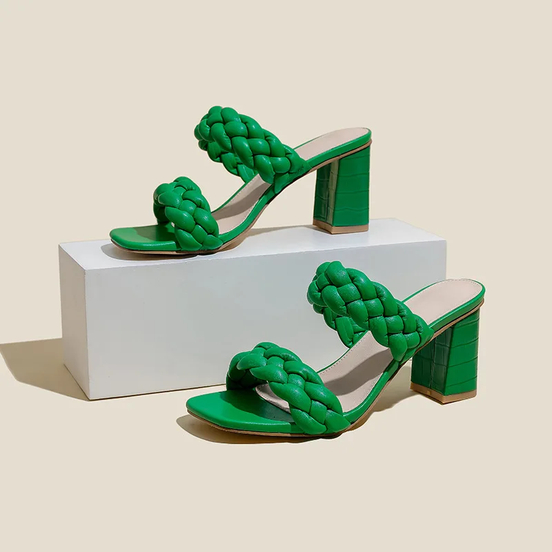 New Arrive Fashion Solid PU Weaving Square Open Toe High Heel Women Mules Rome Sandals Ankle Slip-On Summer Slippers Women