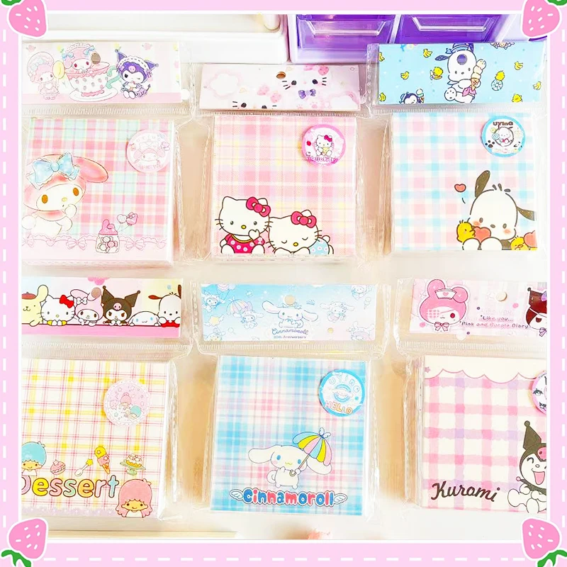 

Sanrioed Notes Kawaii Checkered Pattern Students Mark Diy Material Anime My Melody Poochacco Hello Kitty Cartoon Kids Girls Gift