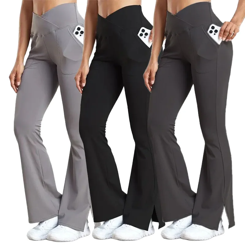 

CHRLEISURE Yoga Flare Pants with Pockets Women Crossover Waist Sports Legging Butt Lift Workout Tights Split Hem Leggings