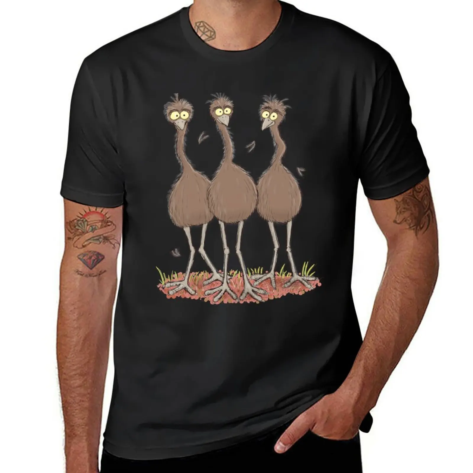 New Funny Australian Emu Trio Cartoon Illustration T-Shirt Magliette Nere Anime Plain Black T-Shirt Uomo