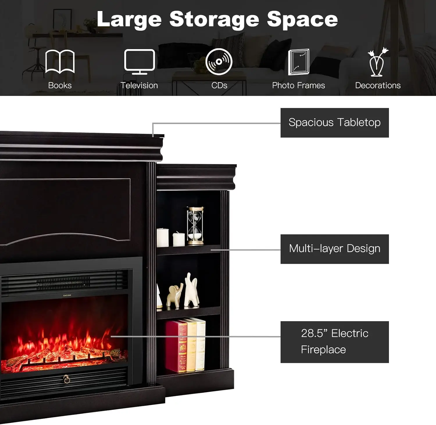 70" Mantel Fireplace, 750W/1500W Electric Fireplace w/Mantel & Built-in Bookshelves, 28.5-Inch Electric Fireplace w/Remote Contr