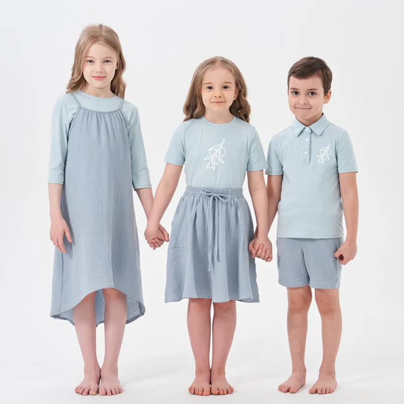 Ensemble haut et jupe en mousseline pour enfants, vêtements décontractés assortis pour la famille, garçons et filles, printemps et été