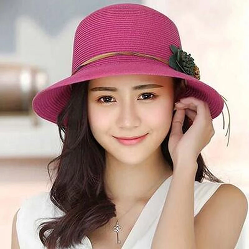 Spring Summer Beach Hat Large Brim Linen Flower Straw Hat Outdoor Women Sun Cap