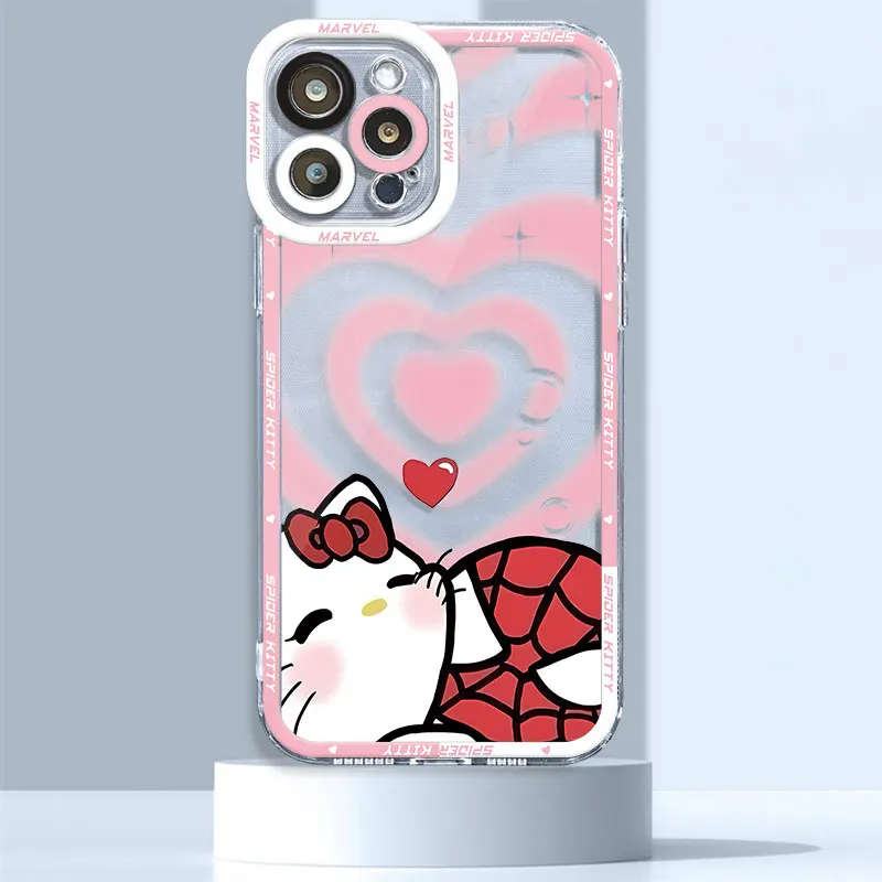 thumbnail image 1 of Funda de teléfono para iPhone 7 8 XS Max 12 15 Pro 13 Mini SE 11 Pro XR 14 Pro Max Marvel Spidermans Hello Kitty, funda transparente suave, 1 of 5