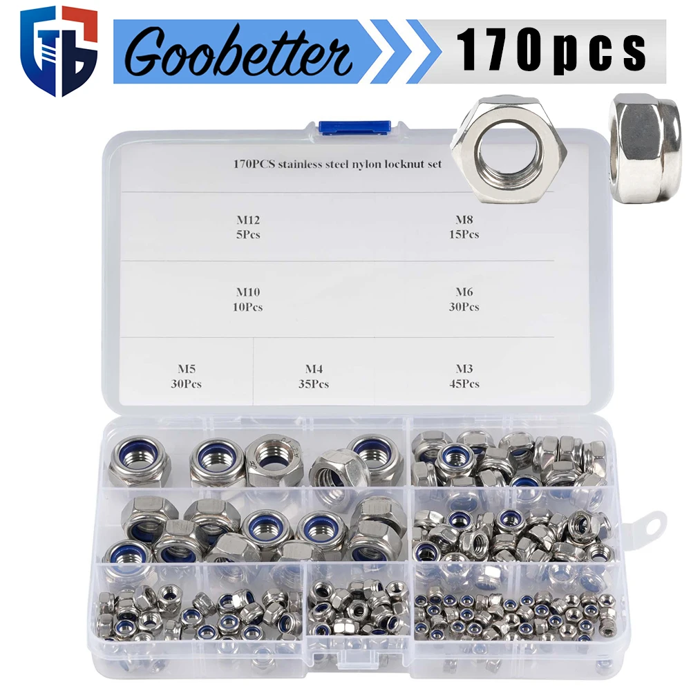 

170pcs M3 M4 M5 M6 M8 M10 M12 304 Stainless Steel Hexagon Locknut Nylon Insert Lock Nut Set Hex Self Locking Assortment Kit