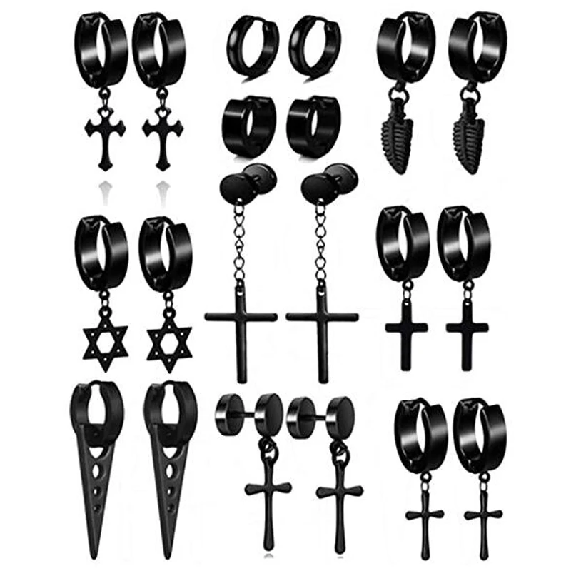 WKOUD 1 10 Pairs 316L Stainless Steel Black Dangle Earrings for Men