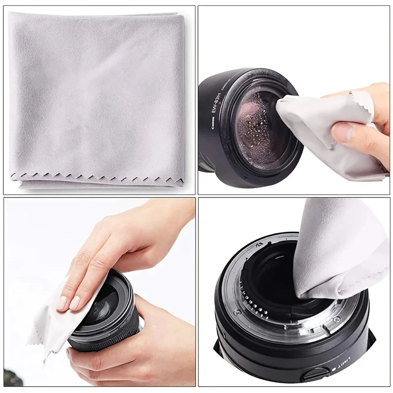 Chiffon microfibre pour nettoyer les objectifs d'appareil photo, présenté dans un kit professionnel de 6 pièces.
