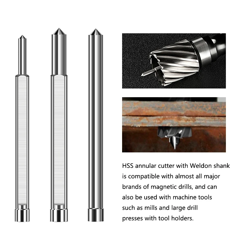 XUCHUAN TCT/HSS Annular Cutter 파일럿 핀 6.35mm 8mm Shank 77/90/102/127/160mm 긴 파일럿 핀 강판 드릴 액세서리