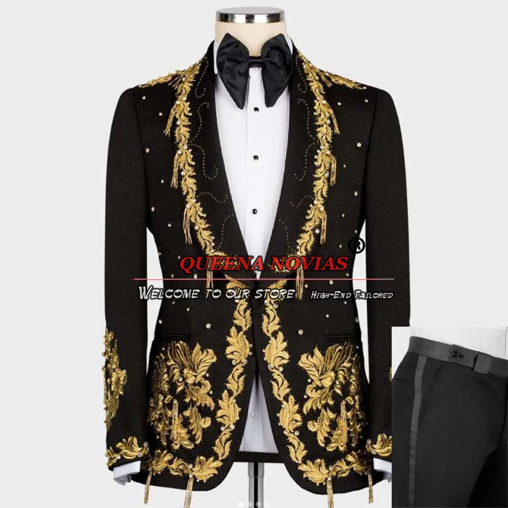 

Luxury Men Suits With Gold Embroidery Beaded Blazer Bespoke 2 Pieces Single Breasted Groom Tuxedos Male Fashion Dinner Clothing