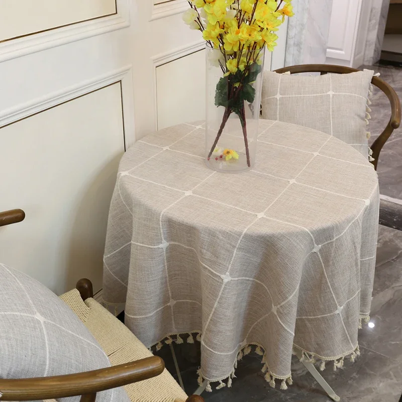 Round Tassel Plaid Tablecloths Heavy Weight Cotton Linen Fabric Dust-Proof Table Cover Kitchen Dining Party Tabletop Decorations 6