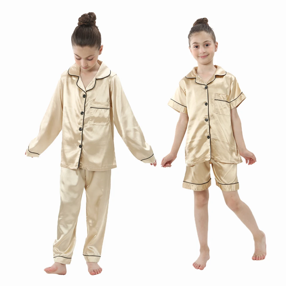 Kids Pajamas 2pcs Baby Boys Girls Silk Satin Top Pant Long sleeve Solid Button-Down Pyjamas Set