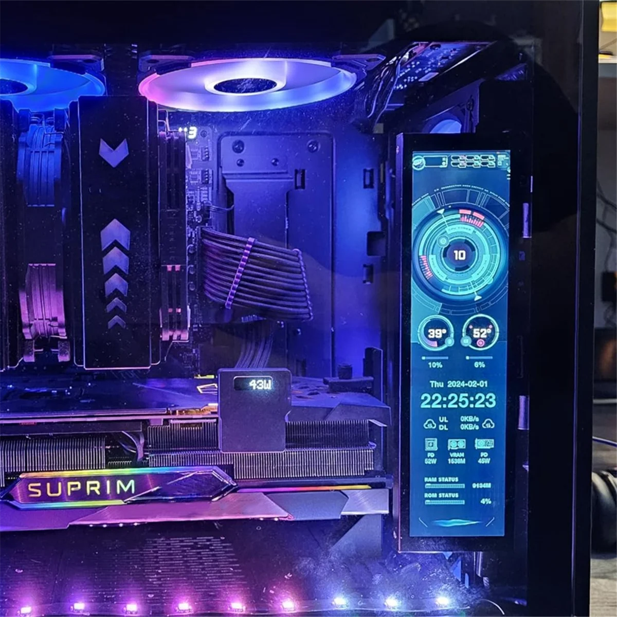A10I 8.8인치 컴퓨터 온도 모니터(동적 테마 지원), IPS 유형 C 보조 화면 CPU RAM HDD 데이터 FPS 모니터 검정색