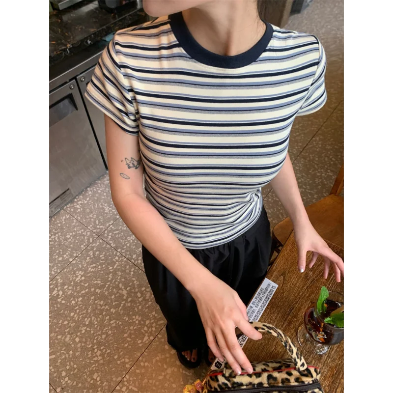 Vintage Women Y2K Striped Crop Top T-shirts for Women Slim Casual Short Sleeve Tee Sweet Tops Fashion Clothes 2025 Summer New 1