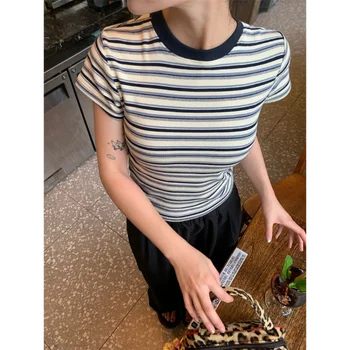 Vintage Women Y2K Striped Crop Top T-shirts for Women Slim Casual Short Sleeve Tee Sweet Tops Fashion Clothes 2025 Summer New 1