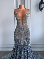 Sexy Long Sparkly Prom Dresses 2026 Sheer O-neck Luxury Silver Crystals Diamond Sequin Mermaid Black Girl Prom Party Gowns - Image 3