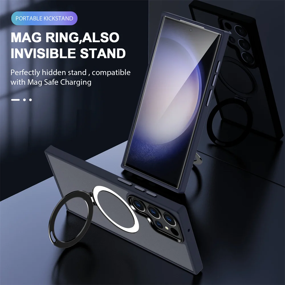 Luxury Magnet Ring Folding Stand Holder Phone Case - Solid Color Matte Frosted Protective Cover