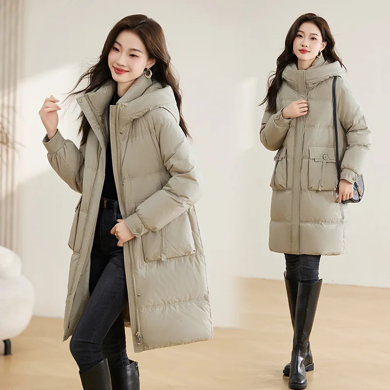 thumbnail image 1 of Chaqueta de plumón para mujer, nueva chaqueta de invierno de plumón de pato blanco con capucha, de longitud media, acolchada, a la moda, gruesa, cálida, con bolsillos grandes, 1 of 5