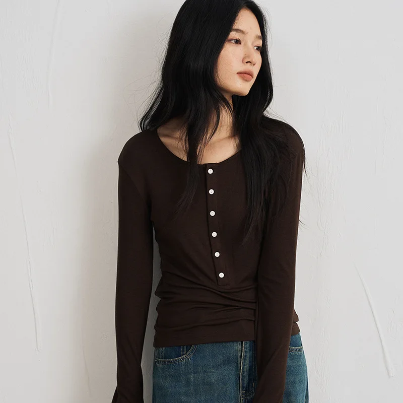 Silk Wool Basic Shirt Round Button Neck Slim Knitwear, Solid Color Striped...