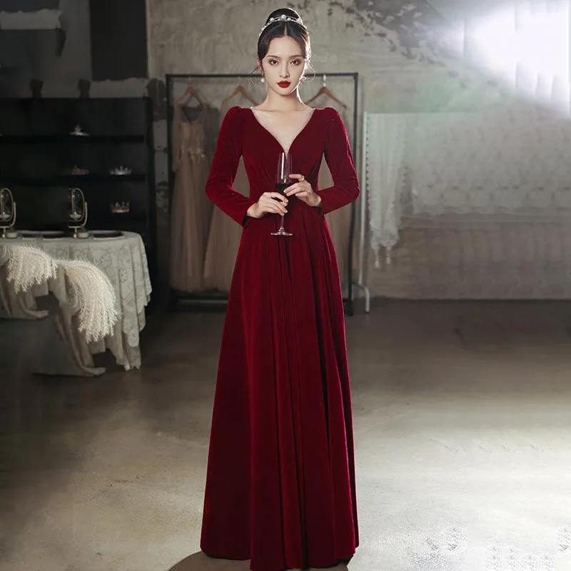 

New Evening Dress Burgundy Beads V-Neck Full Sleeves Luxurious A-Line Floor-Length Pleat Velour Woman Formal Party Gown A2402