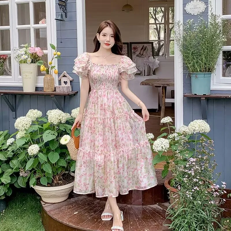 Summer New Square Collar Pleated Long Dress French Style