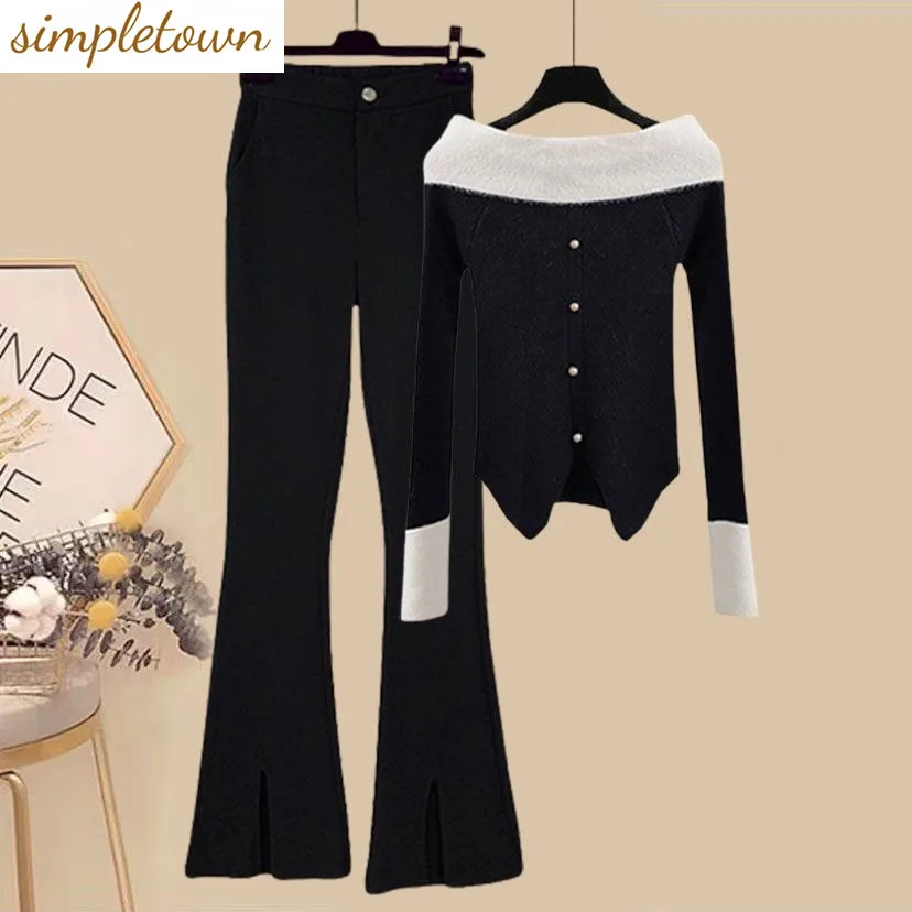 2023 Winter New One Line Neck Long Sleeve Knitted Sweater Casual Wide Leg Pants Two Piece Elegant Women's Pants Set Outfits