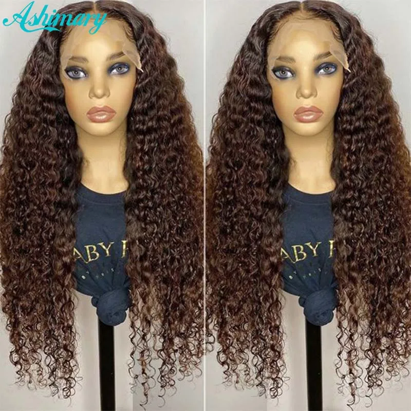 Ashimary-Perruque Lace Front Wig Deep Wave naturelle, cheveux humains, brun chocolat, 13x6, pre-plucked, pour femmes