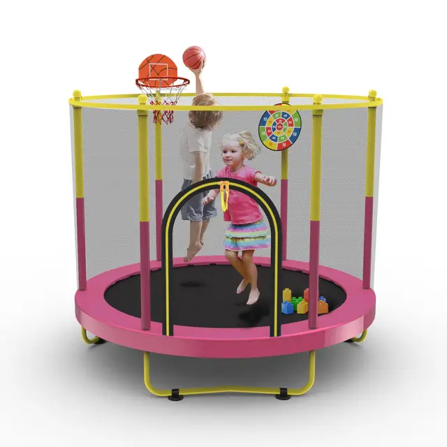 60" Trampoline for Kids with Net, 5FT Indoor & Outdoor Small Toddler Trampoline with Basketball Hoop & Dart Board for Ages 1-8, Birthday Gifts for Boys & Girls, Baby Toddler Christmas Toys