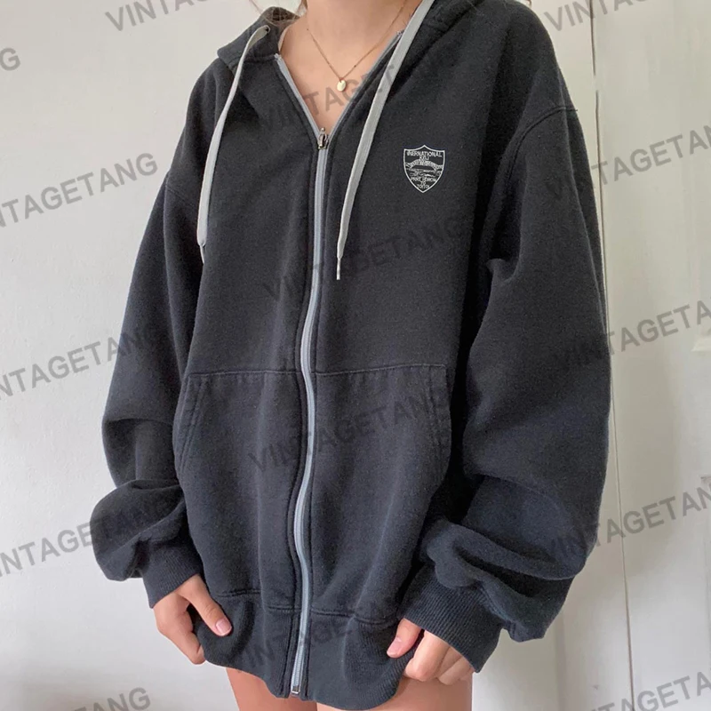 

Hooded Zipper Coat Women's Dark Gray American Retro Casual Loose Fashion Casual Cardigan Printed Cotton Splicing Spring Autumn